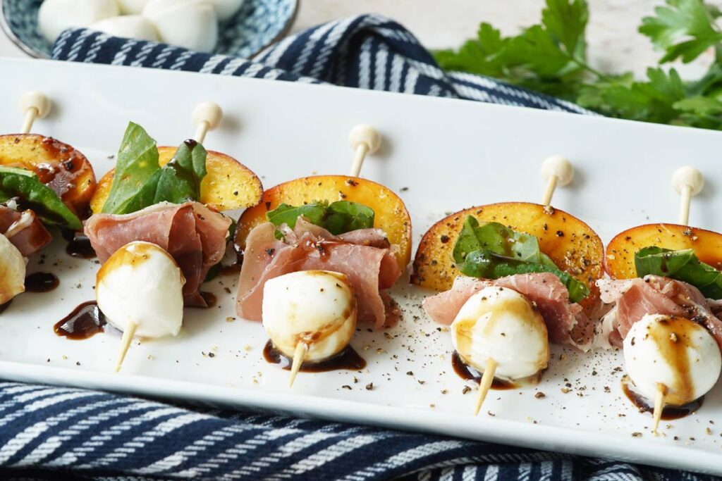peach mozzarella skewers