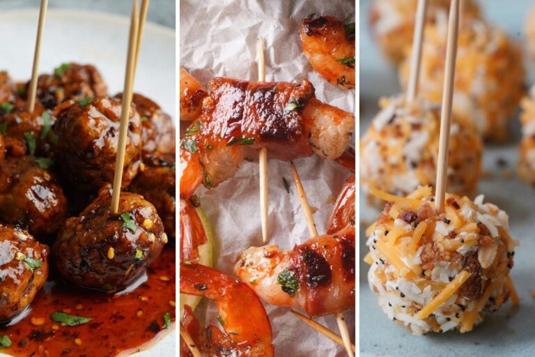 firecracker meatballs, bacon wrapped shrimp and bacon ranch cheese balls