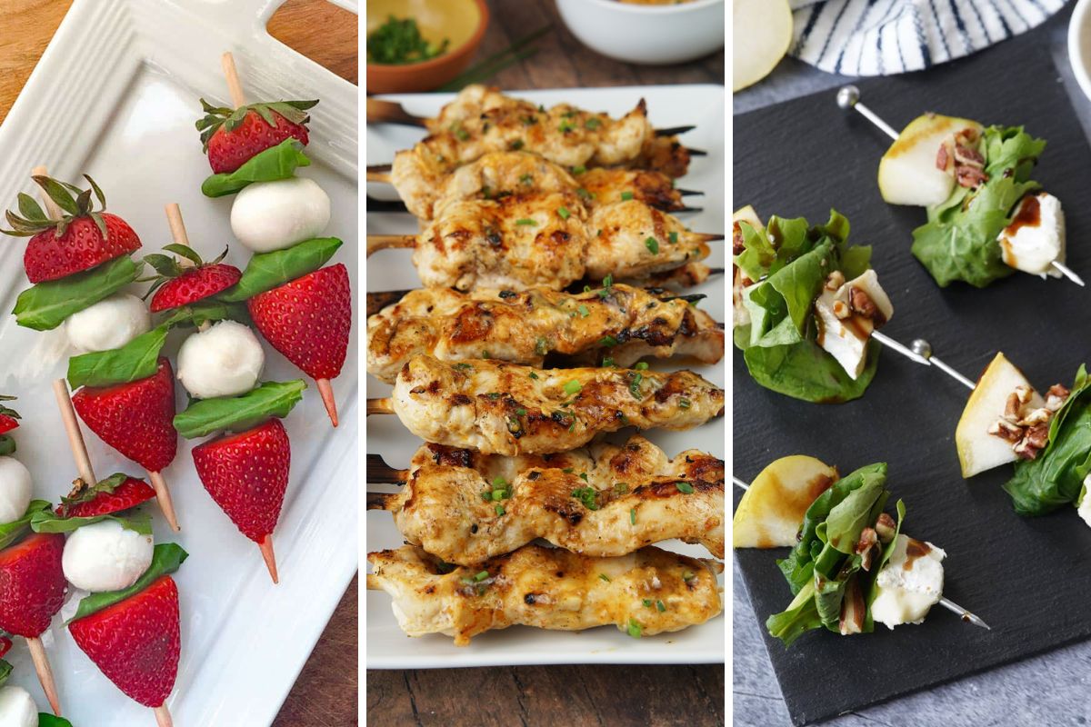 strawberry caprese skewers, cowboy butter chicken skewers, and pear and brie skewers