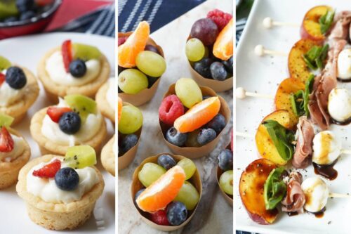 sugar cookie fruit cups, fruit cups, and peach skewers
