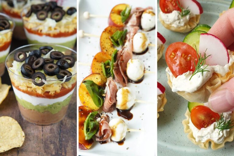 7-layer dip cups, peach and mozzarella skewers, and summer herb cups
