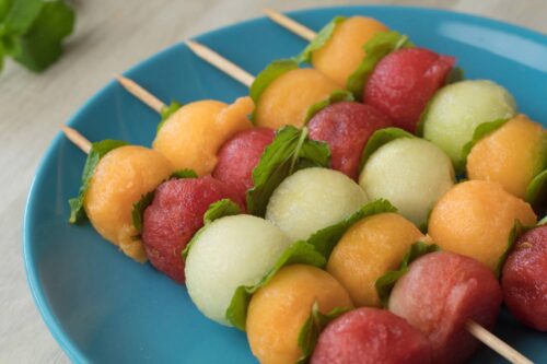 Colorful melon skewers