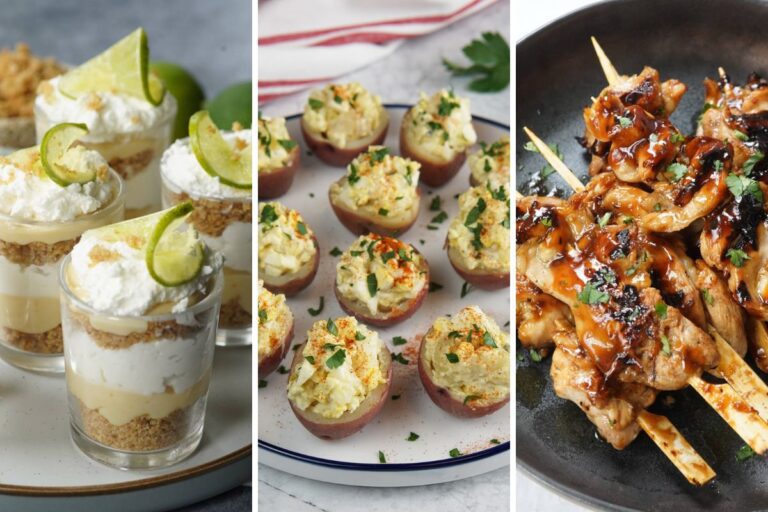 Key lime pie parfaits, potato salad bites, and bourbon chicken skewers