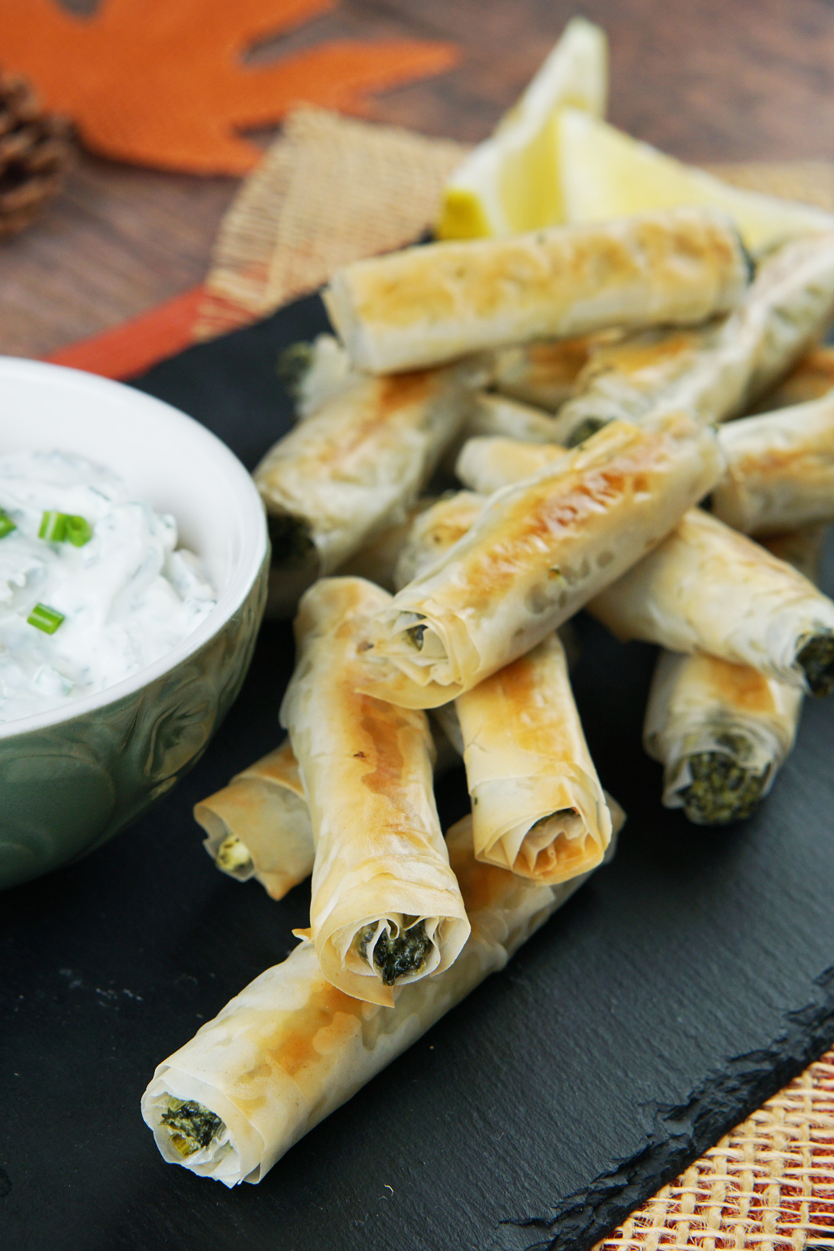 Spinach feta phyllo rolls