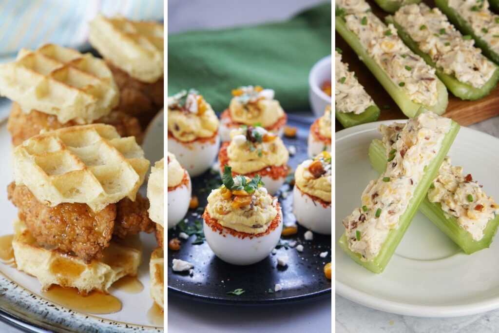 chicken & waffle slider, Mexican street corn deviled eggs, and stuffed celery