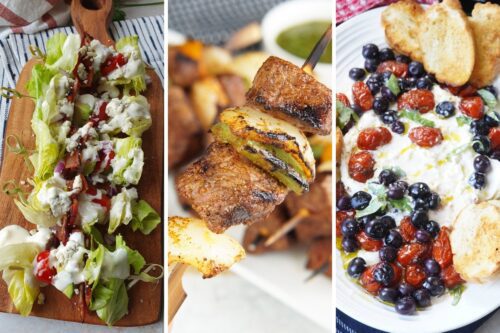 wedge salad skewers, steak skewers, and red, white and pickled blueberry burrata.