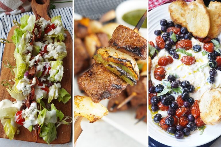 wedge salad skewers, steak skewers, and red, white and pickled blueberry burrata.