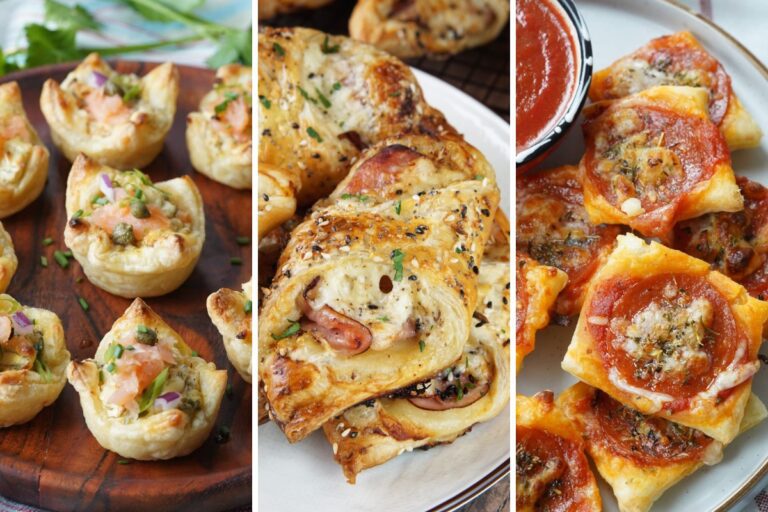 Smoked salmon pastry bites, ham and cheese bundles and pizza bites