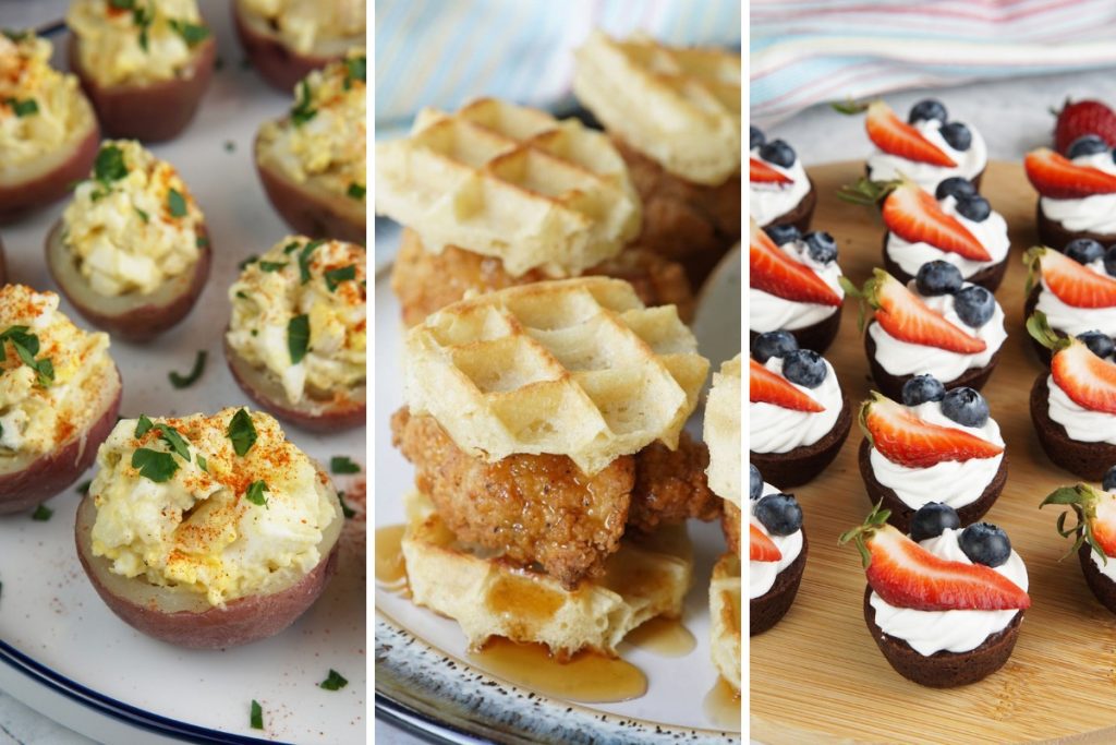 potato salad bites, chicken and waffle sliders, and brownie bites