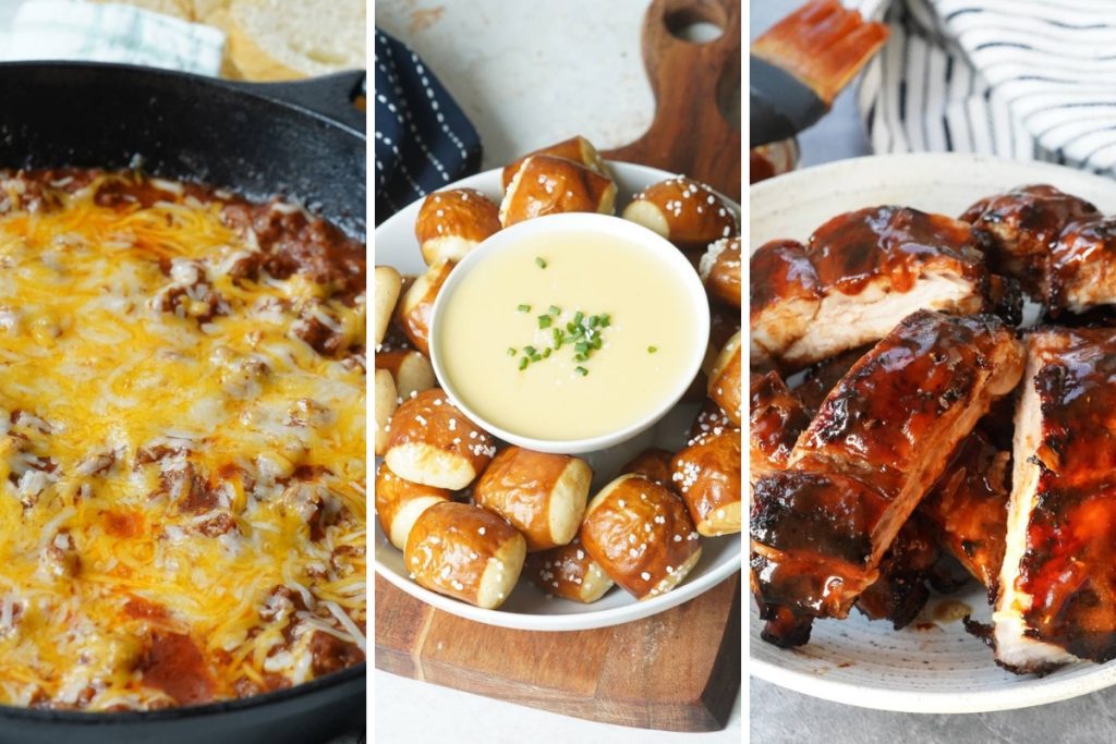 Sloppy joe dip, warm beer cheese and pretzels, and dr. pepper ribs