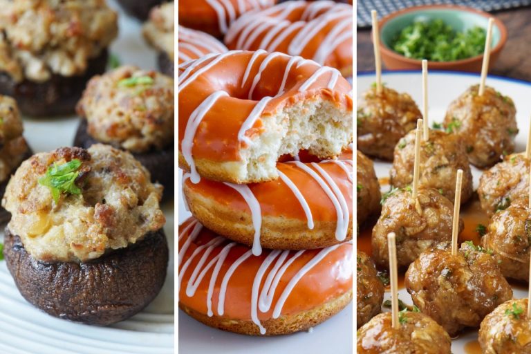 stuffed mushrooms, pumpkin spice donuts, and apple cider meatballs