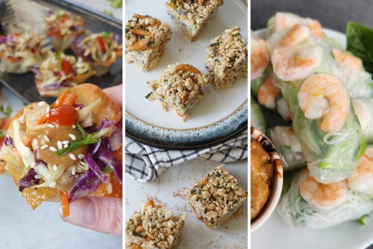 Thai chicken cups, furikake rice krispies treats and shrimp summer rolls