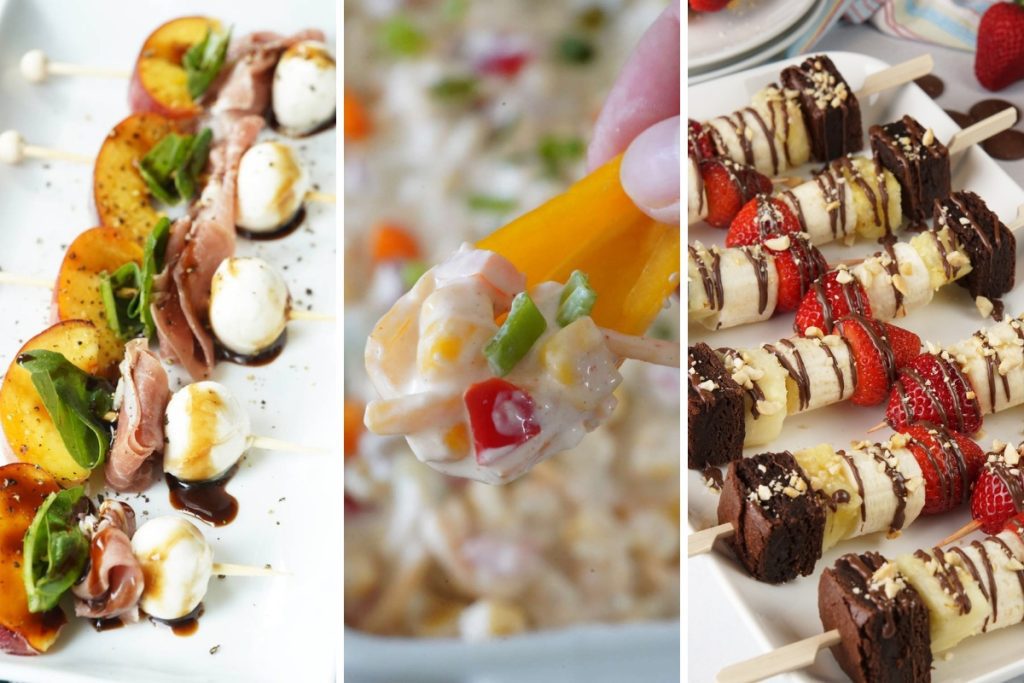 peach and mozz skewers, cream cheese corn dip, and banana split skewers