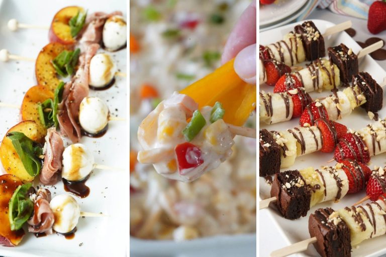 peach and mozz skewers, cream cheese corn dip, and banana split skewers