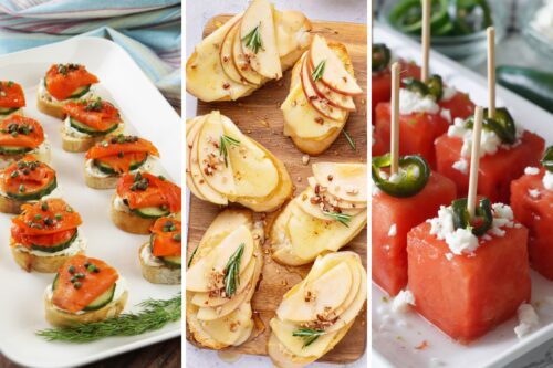 smoked salmon crostini, pear and brie crostini and watermelon margarita bites