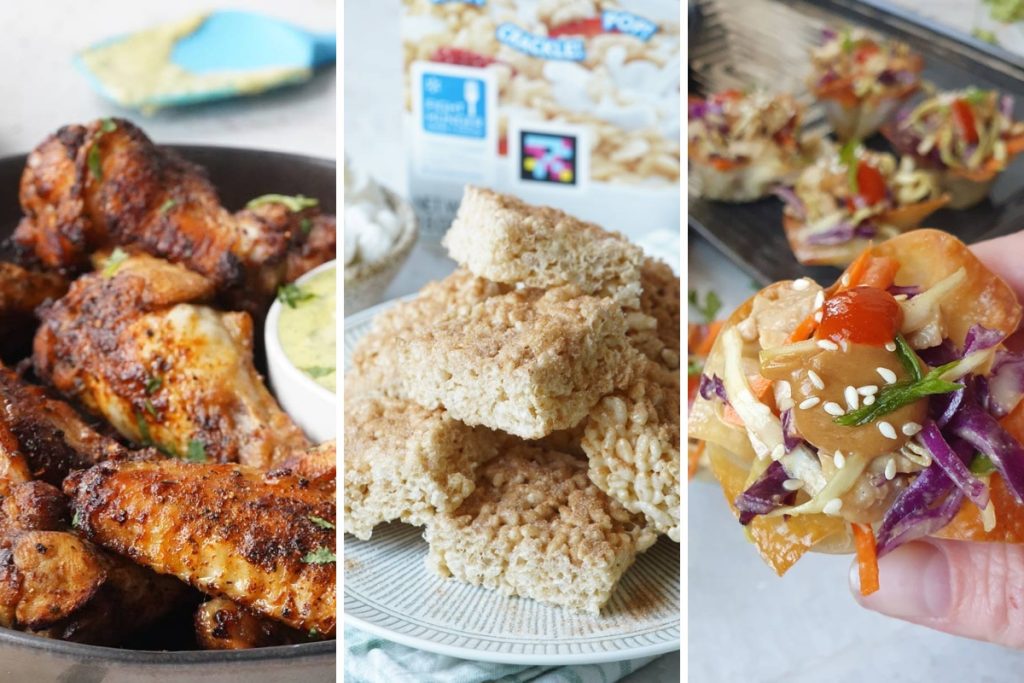 Peruvian chicken wings, churros rice krispies treats, and Thai salad cups