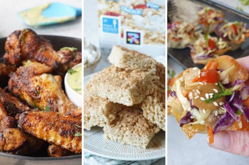 Peruvian chicken wings, churros rice krispies treats, and Thai salad cups