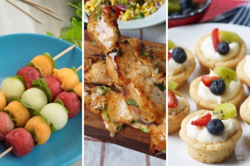 Melon skewers, bang bang chicken skewers, and sugar cookie fruit cups.