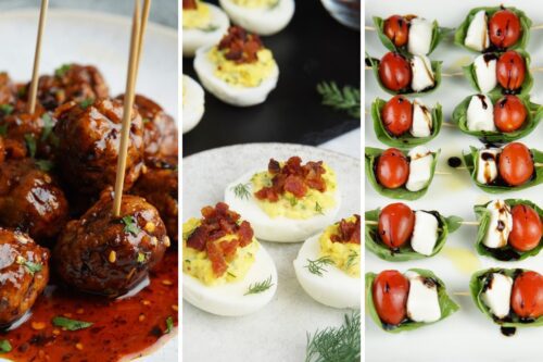 firecracker meatballs, bacon deviled eggs and caprese skewers