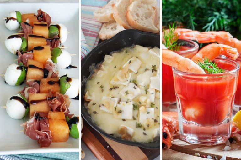 melon skewers, baked brie, and shrimp cocktail shooters