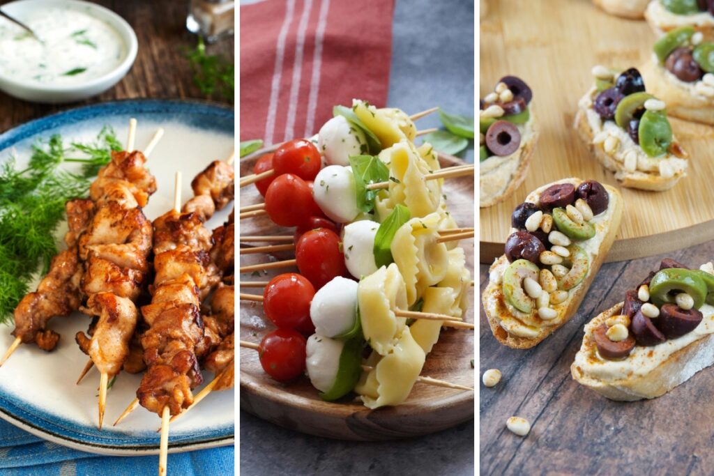 Mediterranean chicken skewers, caprese tortellini skewers and hummus crostini with pine nuts and olives