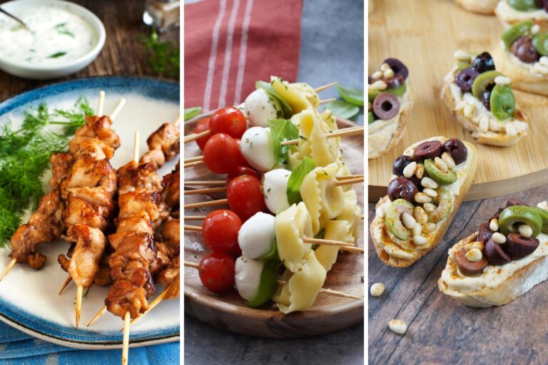Mediterranean chicken skewers, caprese tortellini skewers and hummus crostini with pine nuts and olives