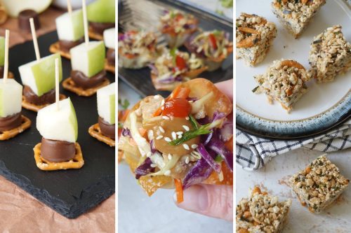 Caramel apple bites, Thai chicken salad cups, and furikake rice Krispie treats