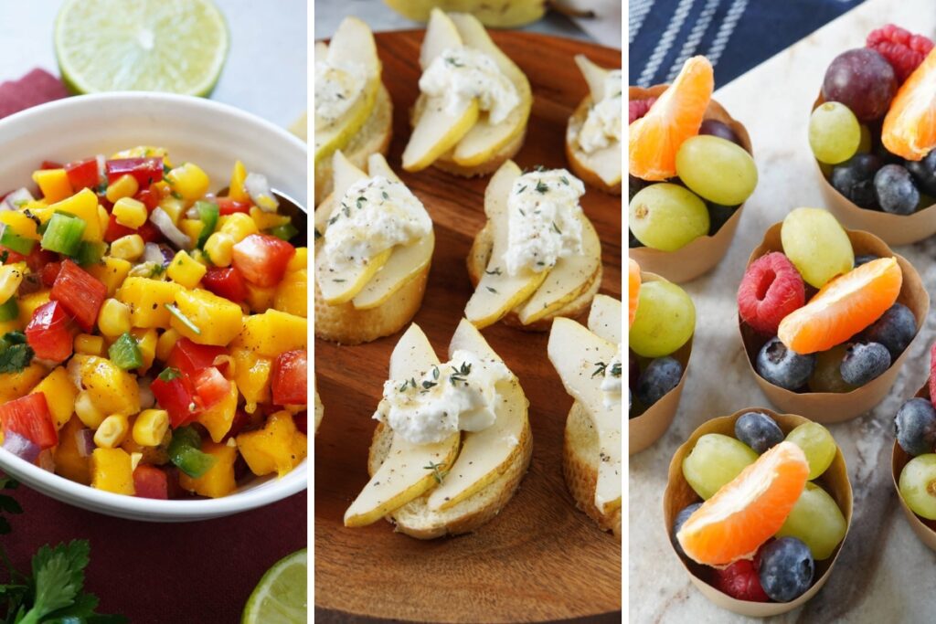 Mango corn salsa, pear and burrata crostini, and summer fruit cups