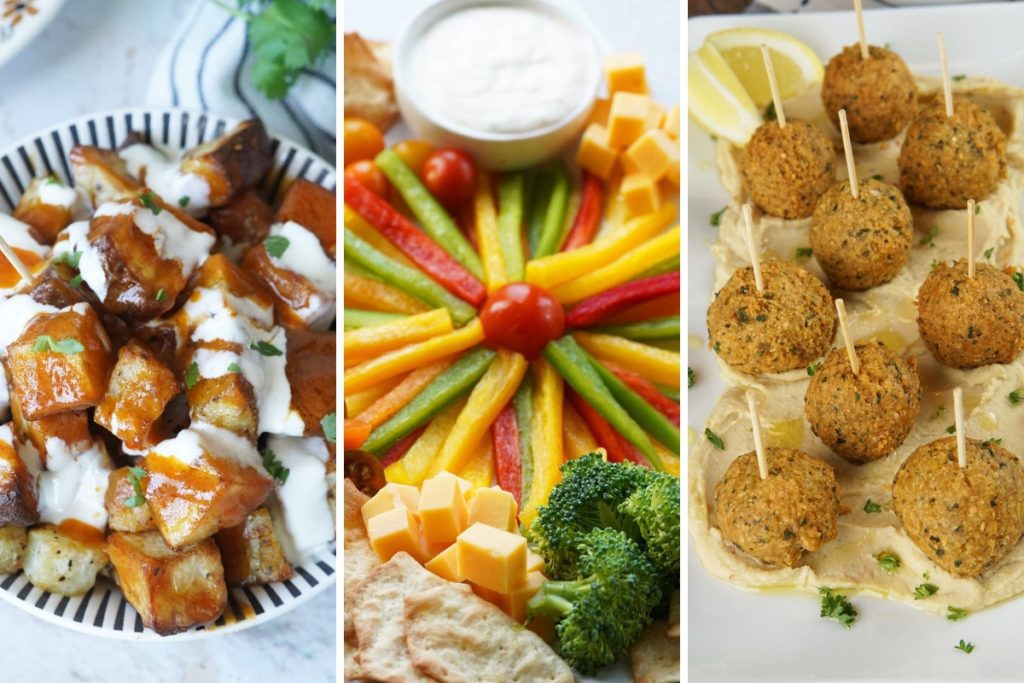 Patatas bravas, veggie tray, and falafel and hummus appetizer