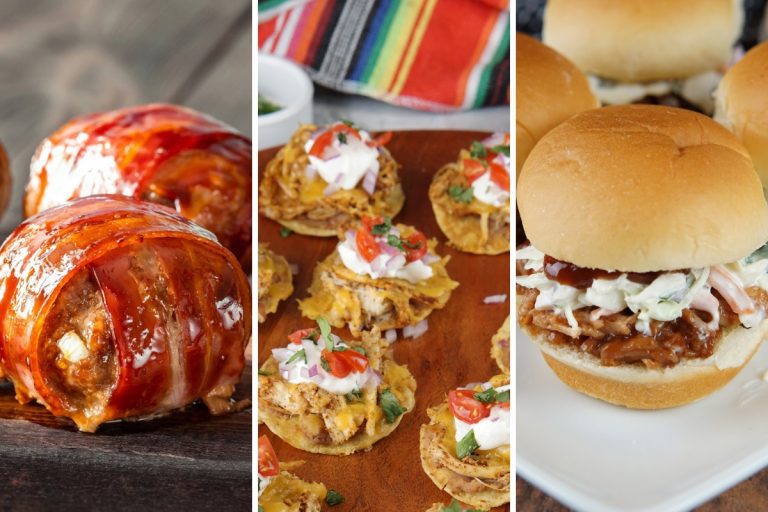 bacon wrapped bbq meatballs, mini tostadas, and pulled pork sliders
