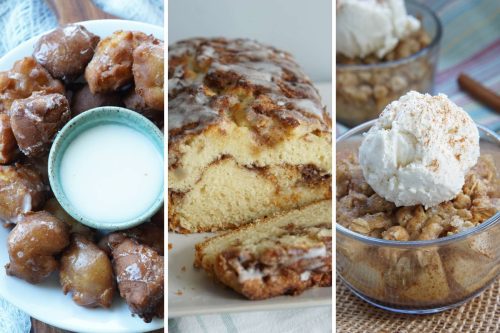 apple fritter bites, cinnamon apple bread, and apple crisp