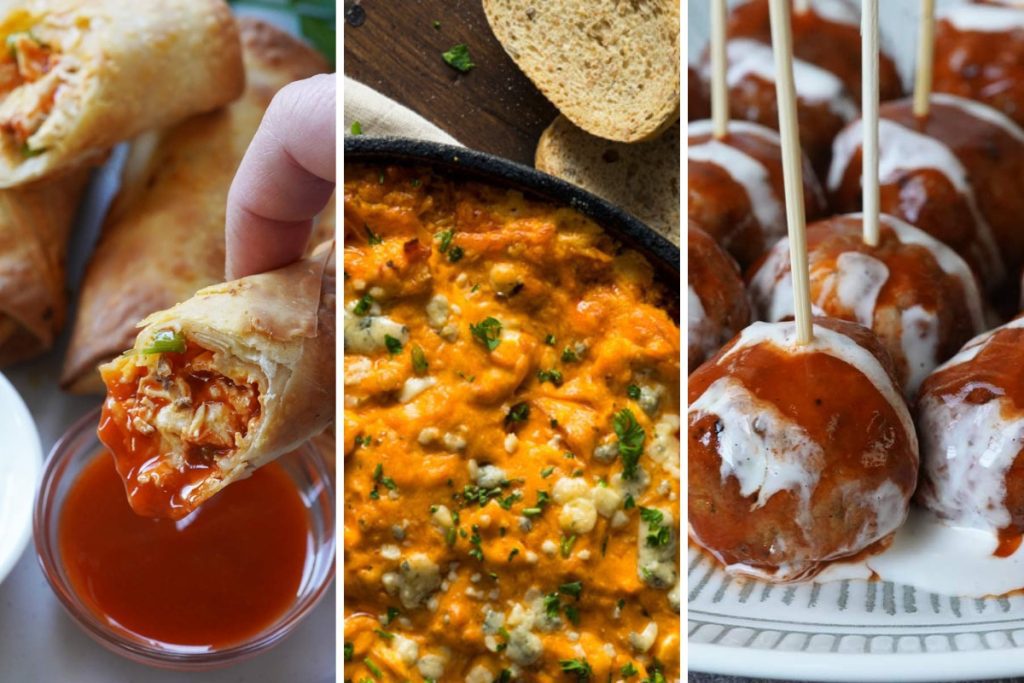 Buffalo chicken eggrolls, buffalo chicken dip and buffalo chicken meatballs