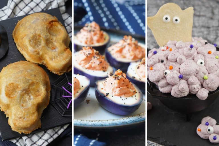 sloppy joe skulls, spooky deviled eggs, and haunted booberry dip