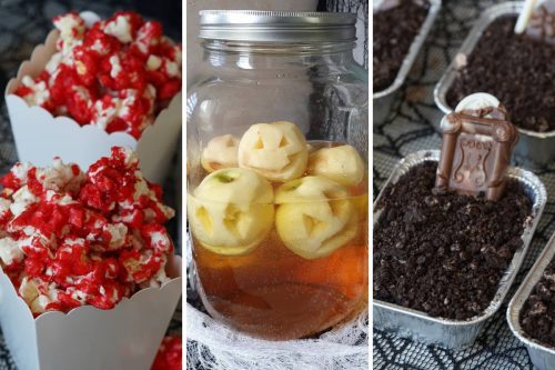 Blood red popcorn, apple head cider punch, and graveyard dirt cakes