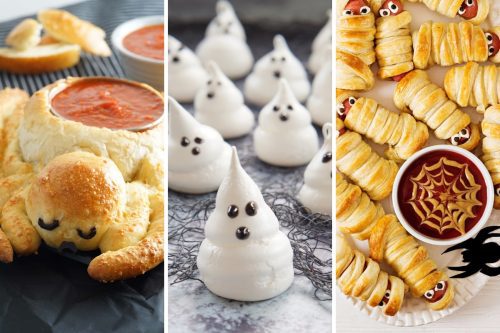spider dip, meringue ghosts, and mummy dogs