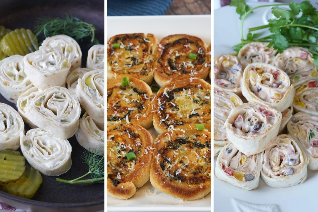 dill pickle pinwheels, spinach artichoke pinwheels, and southwestern pinwheels
