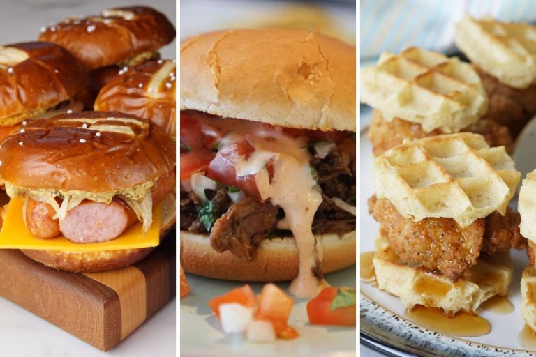 brat sliders, barbacoa sliders and chicken and waffle sliders