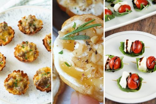sausage cheese bites, whipped ricotta crostini, and caprese bites