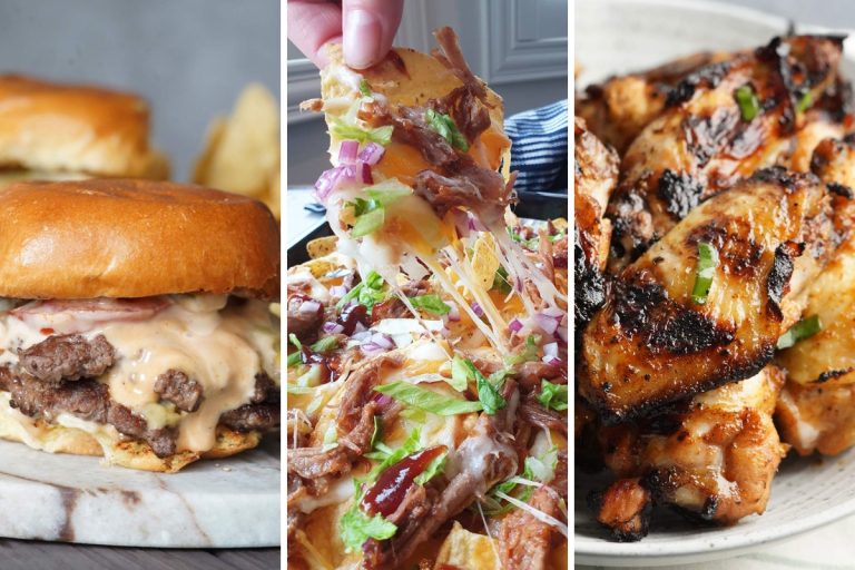 Smash burger, pulled pork nachos, and tequila lime chicken wings