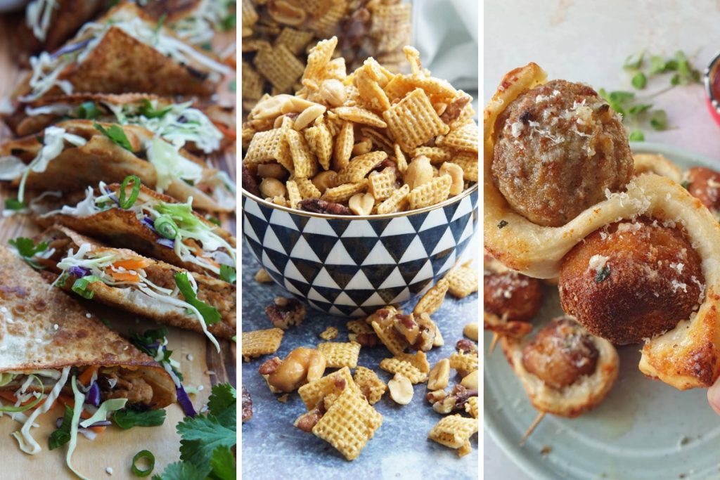 chicken wonton tacos, chex mix, and meatball and garlic bread skewers