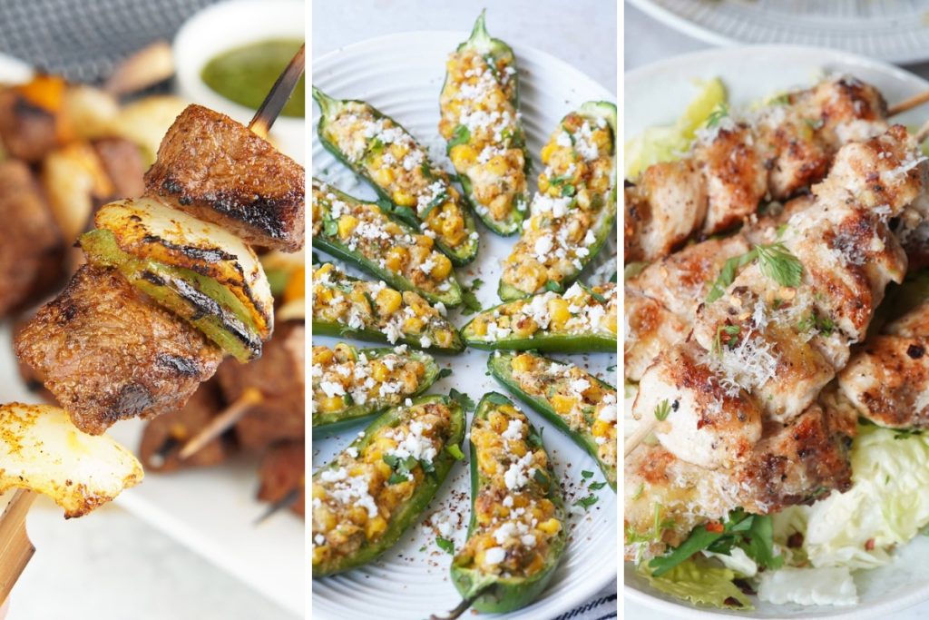 steak skewers, street corn jalapeno poppers, and garlic parmesan chicken skewers