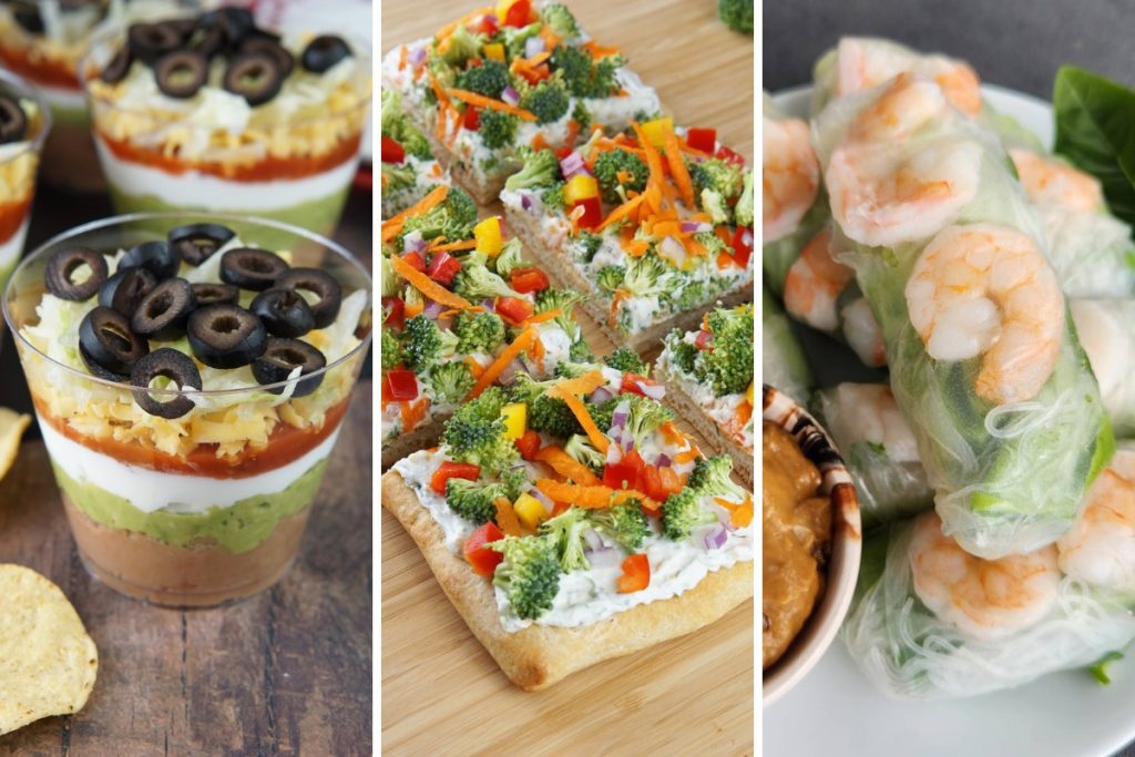 7 layer dip cups, veggie pizza, and summer rolls