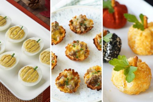 Thanksgiving deviled eggs, sausage phyllo bites, and pumpkin shaped cheese balls