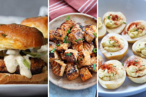blackened chicken sliders, teriyaki salmon bites, and smoked deviled eggs