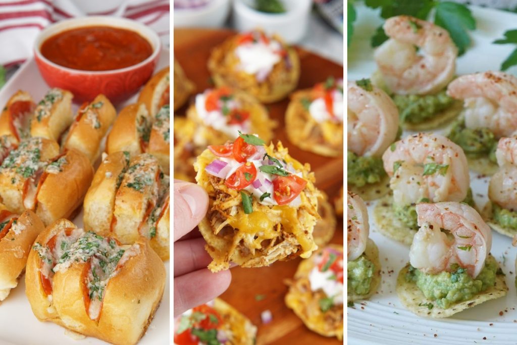 Pizza rolls, chicken tostada bites, and shrimp tortilla bites