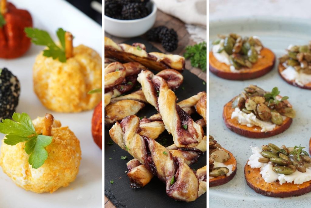pumpkin shaped cheese balls, blackberry goat cheese twists, and sweet potato bites