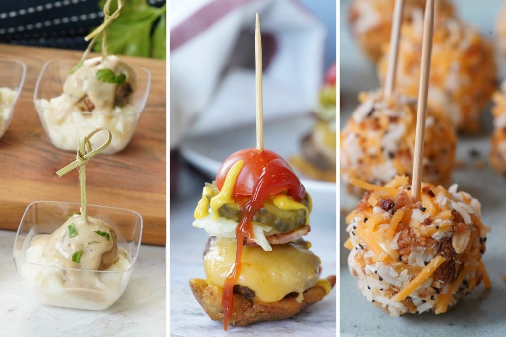 swedish meatball appetizer, mini cheeseburgers, and bacon cheese balls