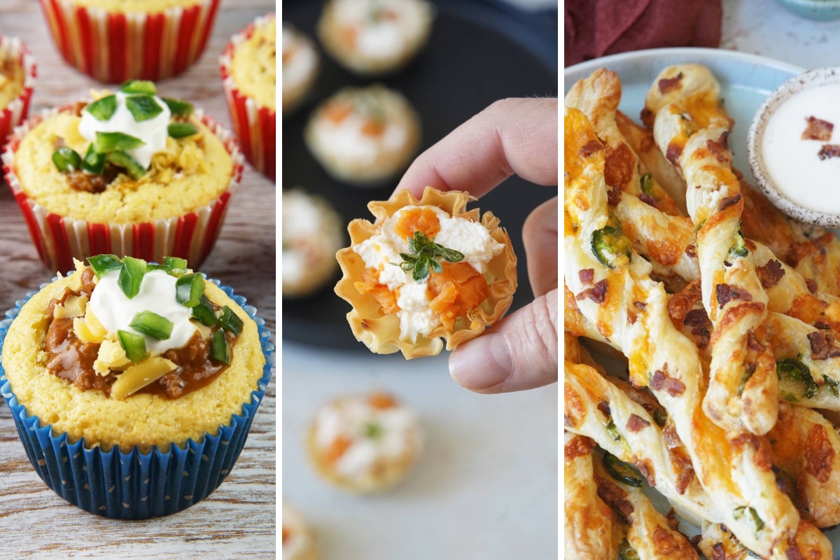 Chili cornbread, butternut squash tarts, and jalapeno twists