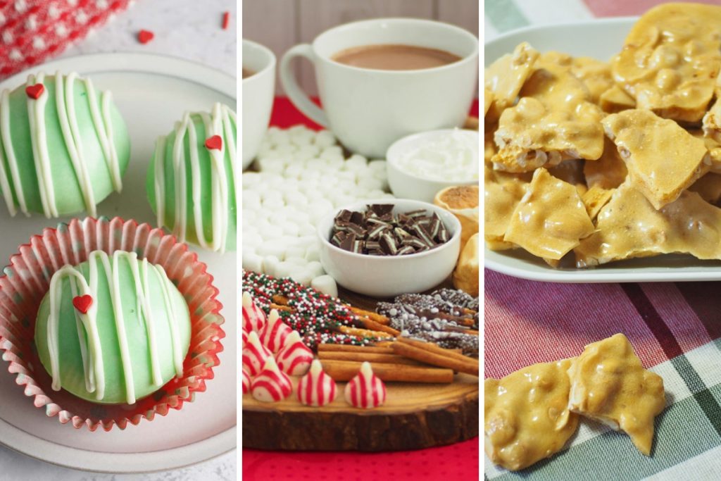 grinch cocoa bombs, hot chocolate sharing board, and peanut brittle