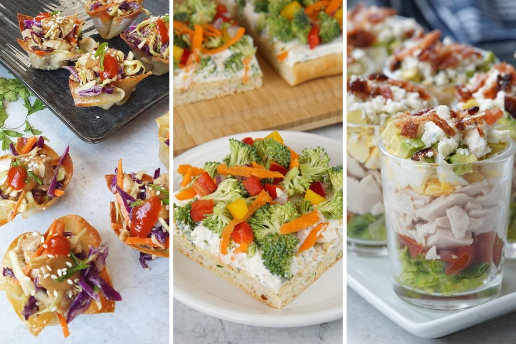 Thai chicken salad cups, cold veggie pizza, and cobb salad cups